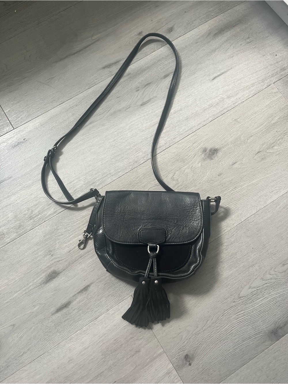 Frye Black Leather Crossbody with Tassel Detail